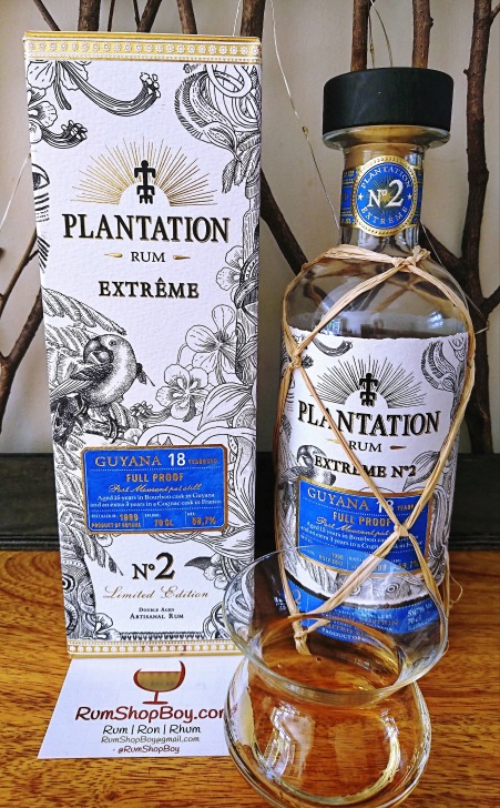 Plantation Extrême 2 Guyana 18 YO: Box, Bottle and Glass
